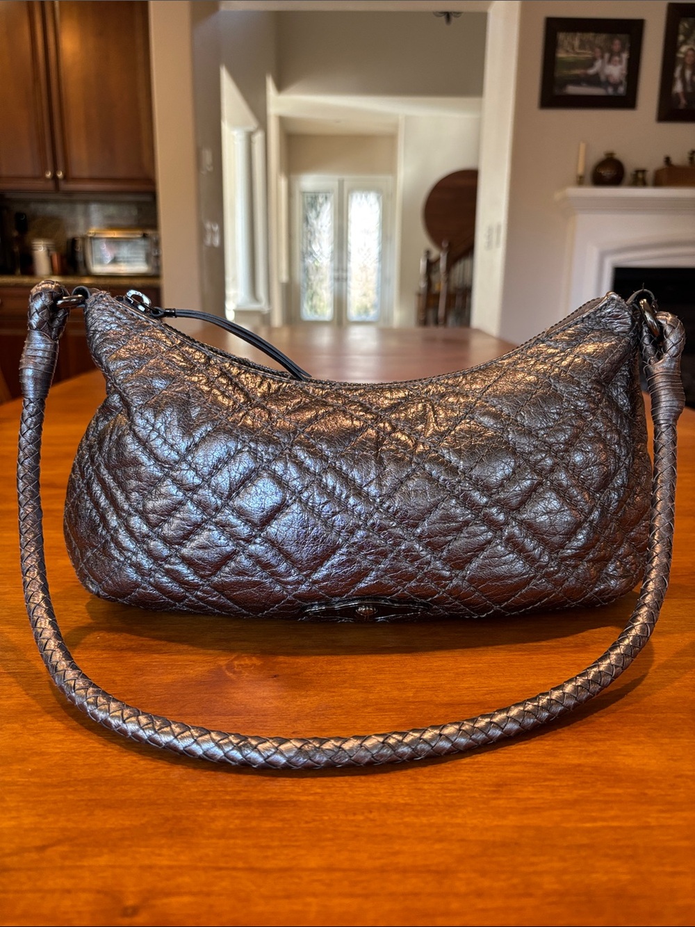 ELLIOTT LUCCA Metallic Silver Quilted Leather Hobo Shoulder Bag Gunmetal Pewter🖤